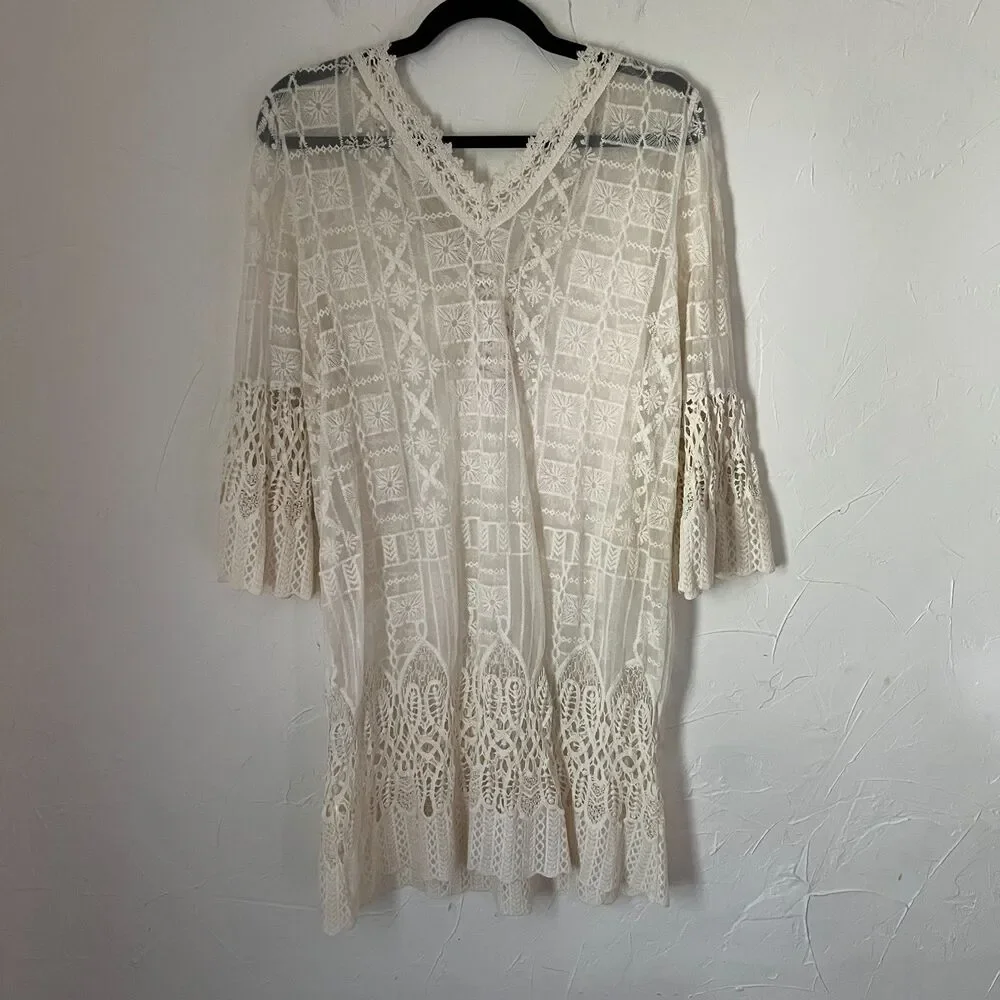 Miho's Italy Lace Crochet Cover Up Tunic Dress Shell Beaded Vacation Euro Summer